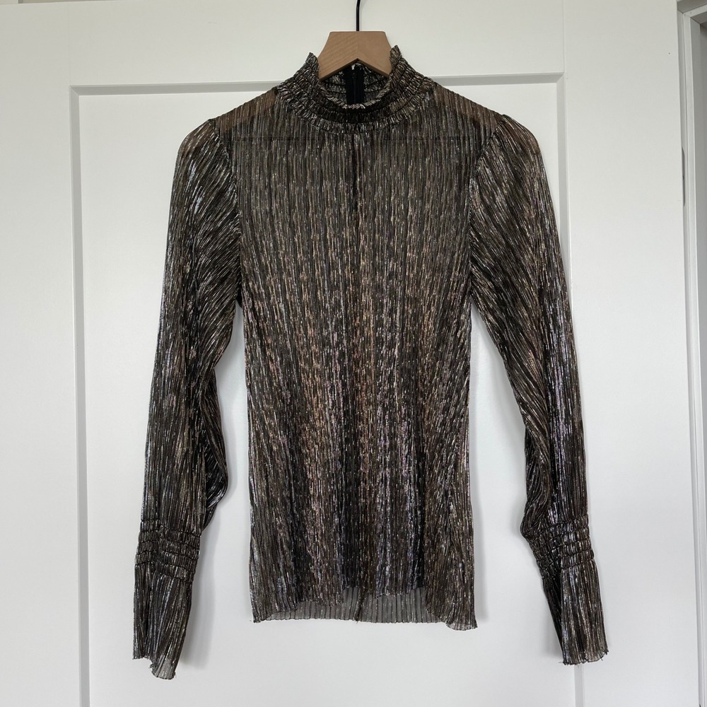 L'AGENCE Paola Blouse XS Gold Black Metallic Sheer Pleated Mock Neck Sexy Chic - Picture 4 of 16
